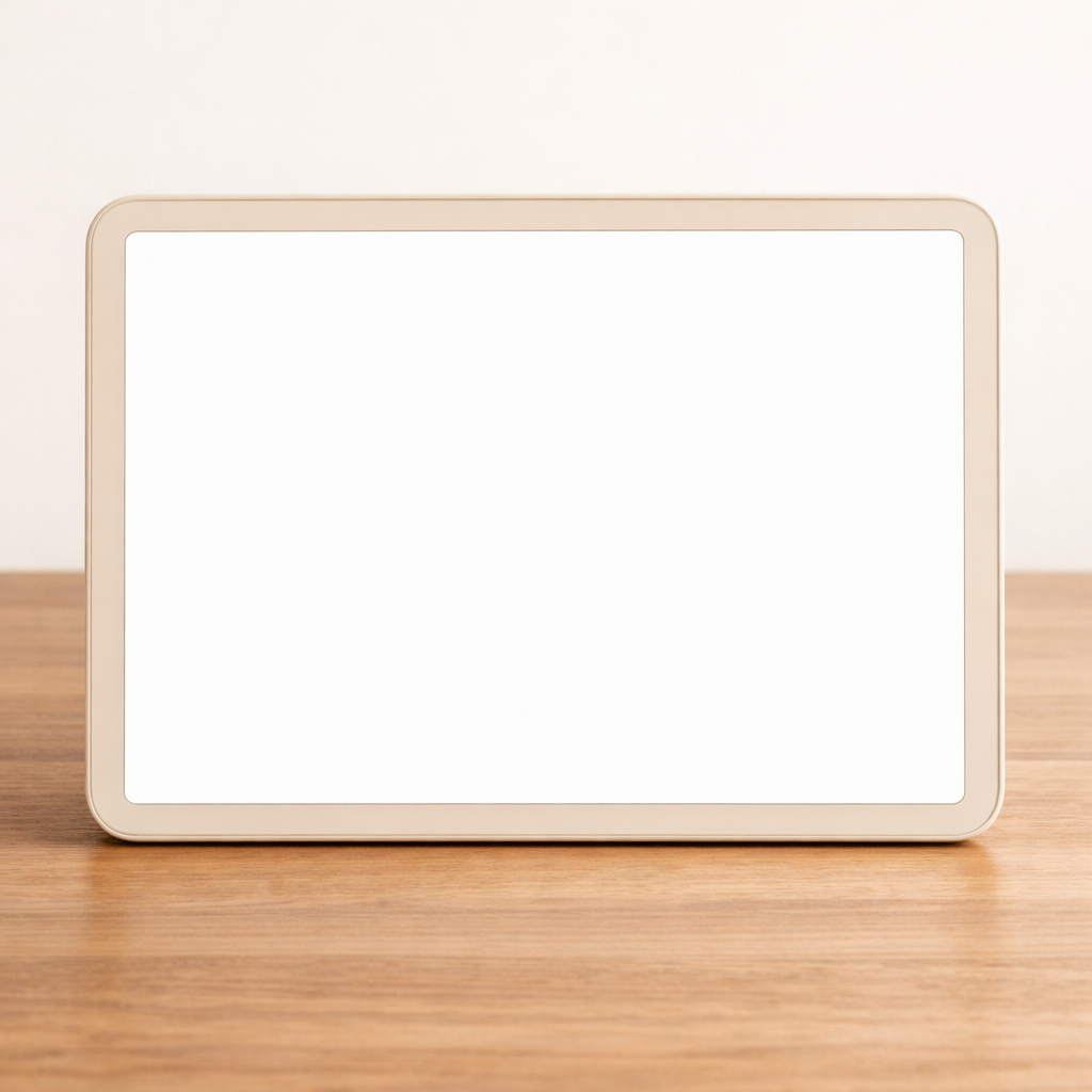 Ægis resting on wooden table with single object on screen