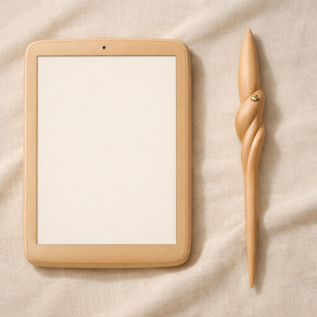 Wand of Inquiry beside Ægis — sculptural wooden wand