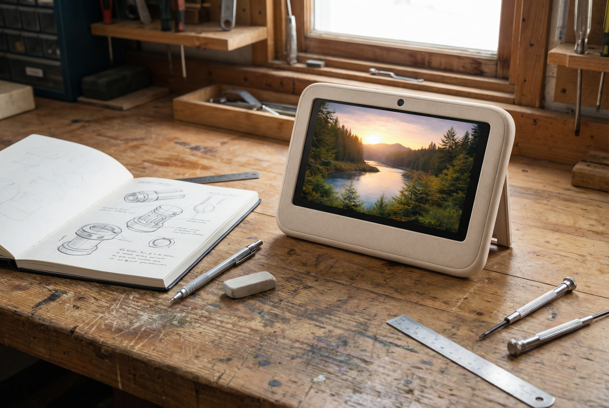 Ægis prototype on workshop desk with sketches