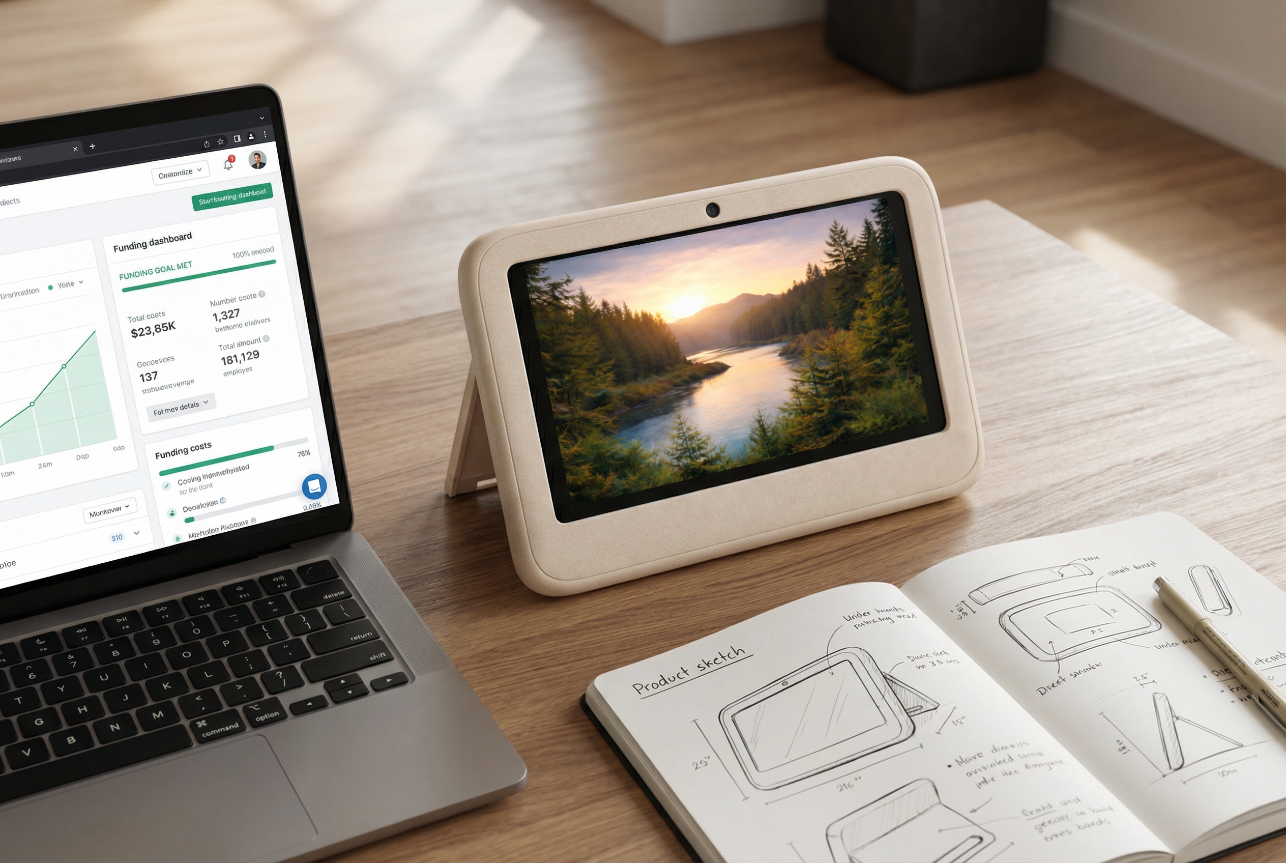 Desk with laptop, Ægis, sketches — transparency and process